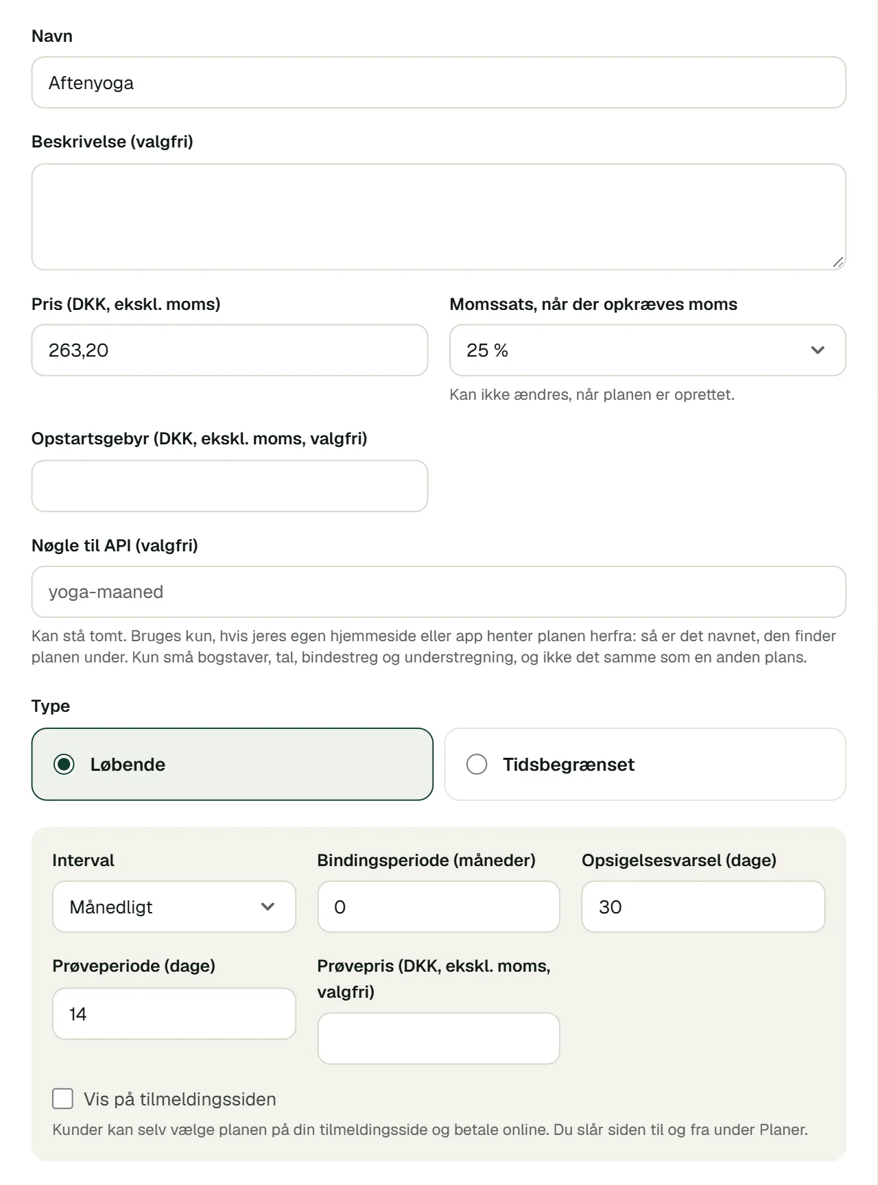 Formularen til en ny plan med navn, pris, interval, bindingsperiode, opsigelsesvarsel og prøveperiode.
