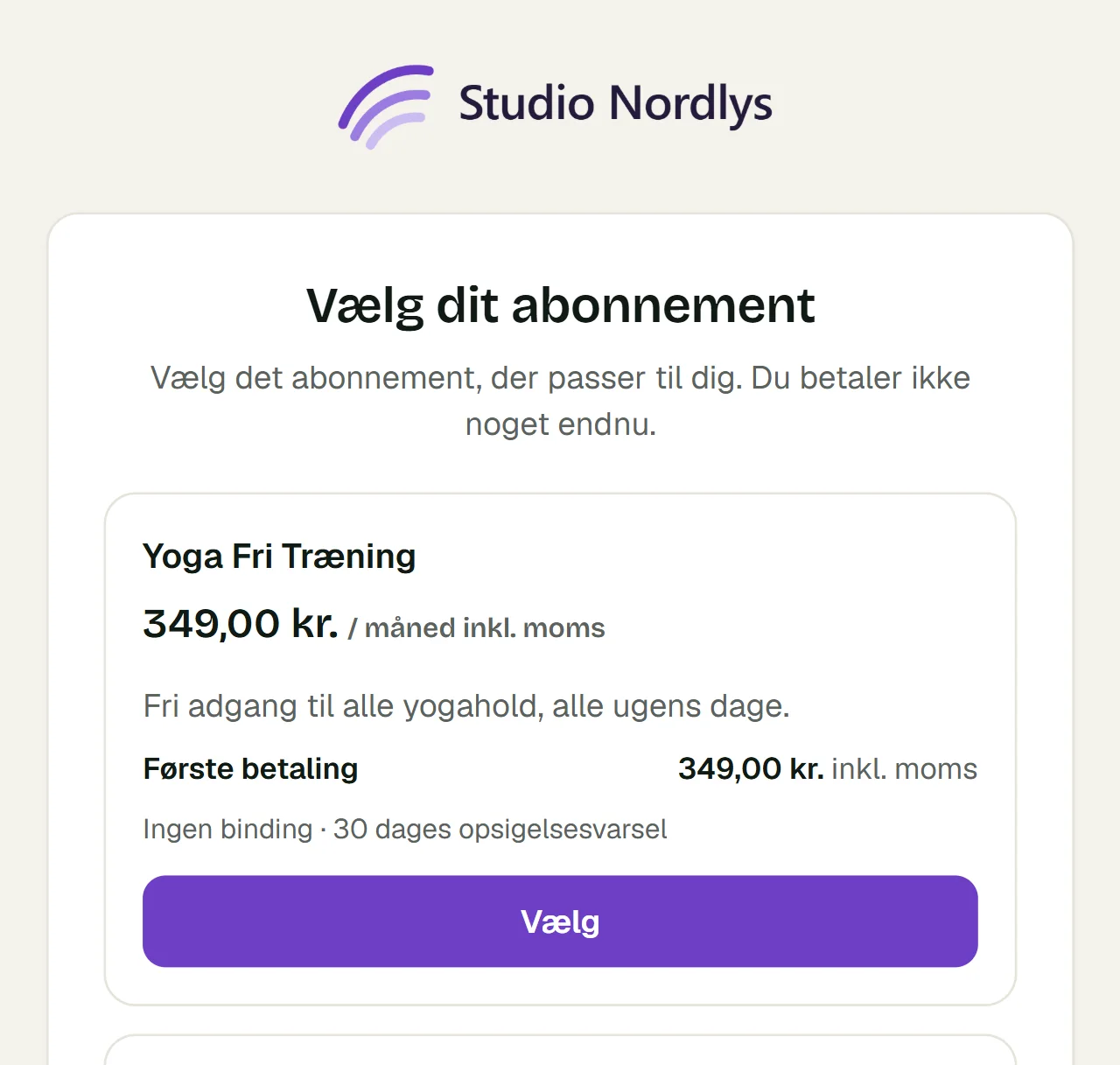 Tilmeldingssiden hos Studio Nordlys med overskriften »Vælg dit abonnement« og planen Yoga Fri Træning til 349,00 kr. om måneden.